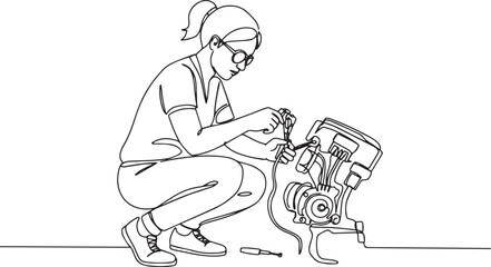 Fototapeta premium Focused Mechanic: A Woman Rewiring Motorcycle Engine with Precis