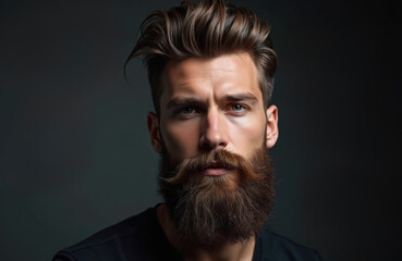 Obraz premium Studio portrait of handsome man with trendy, voluminous hairstyle. Perfectly groomed full beard, stylish mustache. Serious expression shows confidence, modern male beauty. Charismatic model with cool