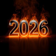 A fiery and bold New Year 2026 design featuring glowing orange light and metallic typography.