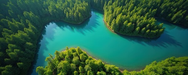 Aerial drone view of a winding turquoise lake surrounded by dense green pine forests. Sunlight creates shadows on the calm water surface. Nature beauty in remote wilderness.