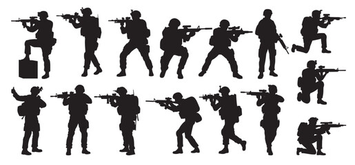 silhouettes of armed soldiers in various combat stances
