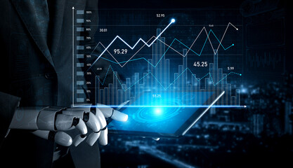 A robot interacts with a glowing laptop, showcasing digital data visualizations and charts against...