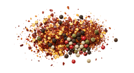 Scattered red and crimson chili flakes, crushed red pepper, and whole peppercorns (black, white, pink, green) on a transparent background, flat lay, macro focus. Concept of essential culinary
