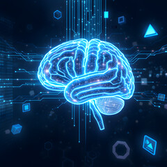 A glowing AI brain with digital data connections.