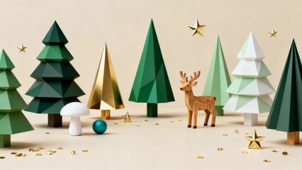 The main body includes several geometrically shaped Christmas trees (with deep green, dark green, gold, light green, etc.), wooden deer, and white.