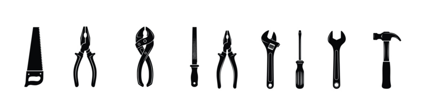 silhouette of collection of essential hand tools isolated