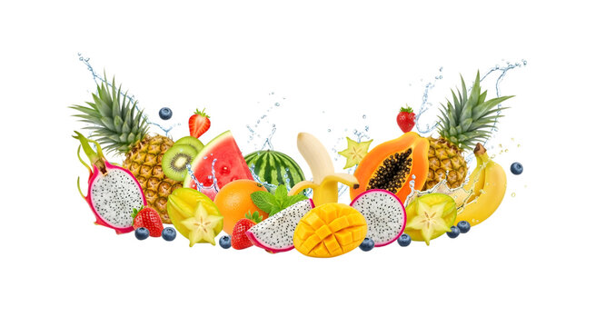 Summer healthy food concept with mixed exotic fruits and water drops isolated on transparent background