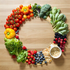 A top-view composition of fresh healthy foods arranged aesthetically.