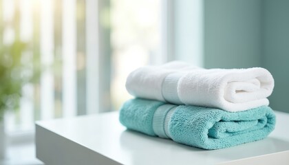Stack of fresh soft clean towels on white surface in bright room. One white towel, one teal towel neatly folded. Sunlight from window creates cozy relaxing feel. Great for bath, spa, hotel setting.