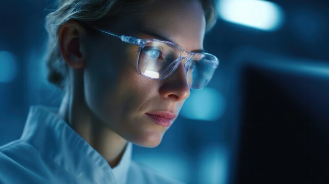 Medical research professional analyzing data in a high-tech lab close-up portrait futuristic environment