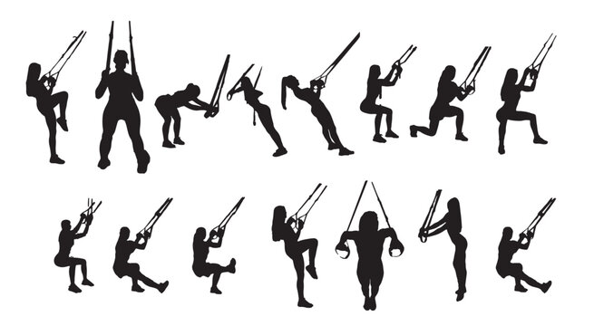 silhouettes of men and women doing trx exercises with ropes 
