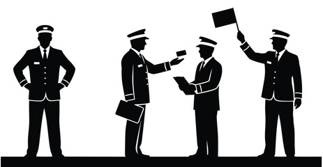 silhouettes of train conductors in various actions isolated 