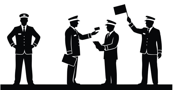 silhouettes of train conductors in various actions isolated 