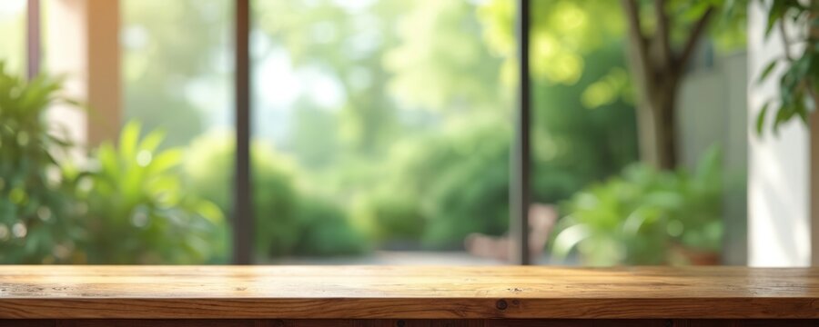 Empty wooden table surface, blurred green garden view. Natural light shines through window. Clear desk for product presentation, ads, mockups. Fresh natural background for interior design.