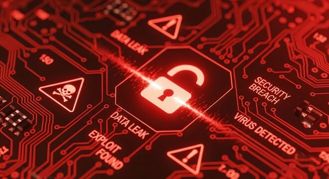 A red glowing circuit board with an open padlock in the center, representing a security breach and data leak on a computer system