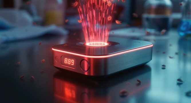 Futuristic Device Emitting Red Light on a Dark Surface.