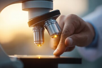 Medical research action investigating samples with a microscope in a laboratory environment for enhanced scientific understanding