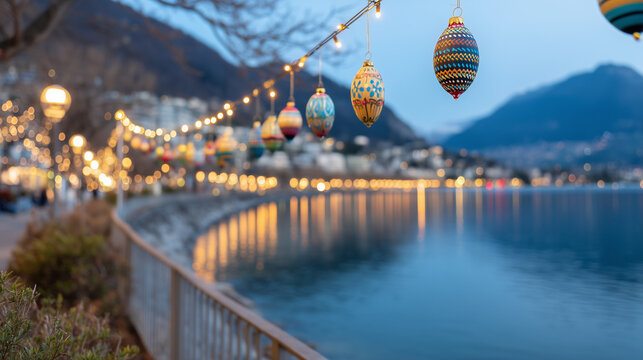 Colorful Hanging Ornaments and Festive Lights Along Montreux No&euml;l Lakeside Promenade at Peaceful Winter Dusk