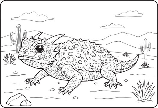 Detailed Coloring Page of a Horned Lizard in its Desert Habitat