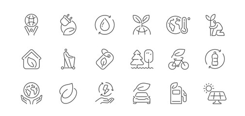 Ecology icons set. Sustainable energy, green technology, recycling and eco-friendly solutions. Environment line symbols