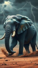 A majestic elephant strides across the arid landscape as lightning illuminates the dramatic sky, creating a powerful scene