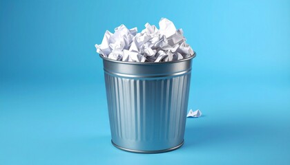 overflowing bin with crumpled papers symbolizing idea generation mistakes or creative process on blue backdrop 