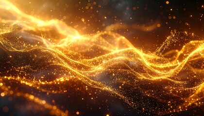 Golden waves of shimmering particles flowing against a dark background, creating a dynamic abstract scene