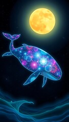 A cosmic whale swims under the bright moonlight, its body adorned with stars and nebulas, creating a magical scene