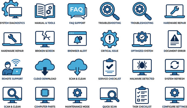 Title: Computer Repair and Tech Support Services Vector Icons: System Diagnostics, Hardware Maintenance, Software Troubleshooting, Security, Cloud, Remote Assistance, and PC Performance 