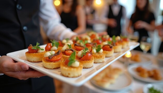 Waiter holds tray with gourmet appetizers. Guests enjoy finger food at cocktail party. Catering serves canapes for celebration banquet. Delicious snacks on reception table. - Powered by Adobe