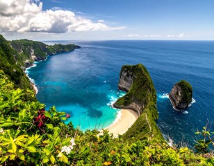 Aerial view of coastal cliffs, pristine beach, and crystal blue ocean under a partly cloudy sky
