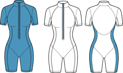Zip-Front Short-Sleeve Rash Guard Bodysuit Technical Fashion Illustration CAD Drawing Flat Vector, Swimwear Activewear Template © Merajul