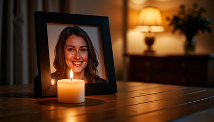 Portrait of a smiling woman framed beside a candle in dim room - Concept of Suicide Loss Day  