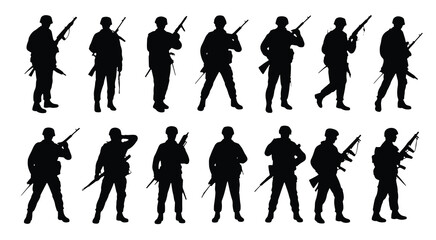 Soldiers with rifles in silhouette military black and white
