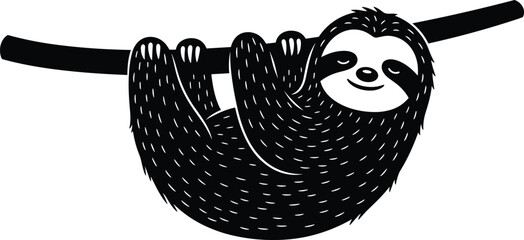Naklejka premium Cute Sloth Hanging on Branch Vector Silhouette, Smiling Tropical Animal Black Graphic, Lazy Wildlife Mammal Icon, 