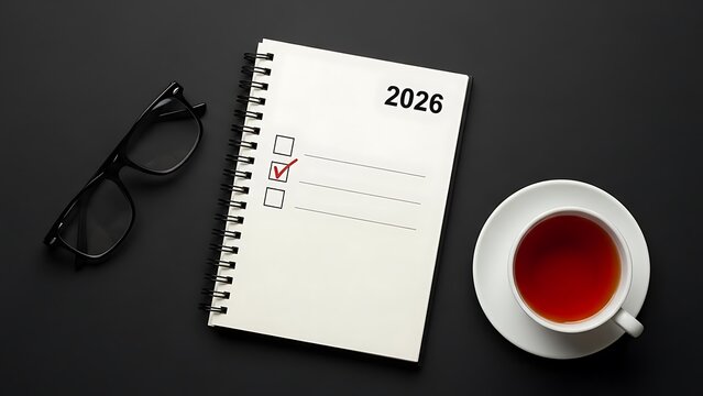 Planning for 2026 notebook tea and glasses on a dark background