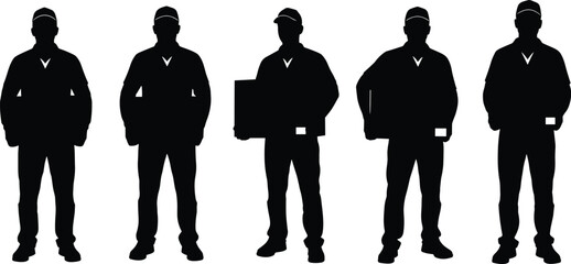 Delivery Men Silhouette Set Vector, Courier Service Workers Holding Packages, Express Shipping Logistics Staff, Parcel Post Worker Collection Black Icons