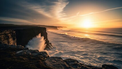 Golden sunset over rugged cliffs and crashing ocean waves