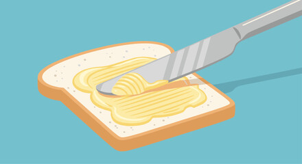 Buttering toast with a knife for a delicious breakfast snack on a blue table, perfect for food blogs and morning routines