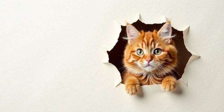 A ginger feline playfully peeking through a torn piece of paper, showcasing its curious and adorable nature.