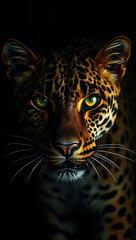 A captivating portrait of a leopard emerges from the darkness, its intense gaze and striking spots drawing you in