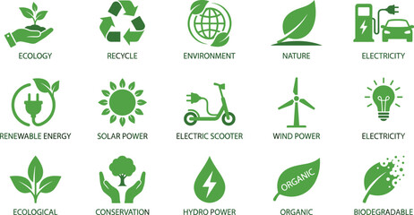 Green Energy and Ecology Icon Set: Sustainable Environment, Renewable Power, Nature Conservation, Recycling, Biodegradable, Solar, Wind, and Hydro Technologies for a Clean Future.