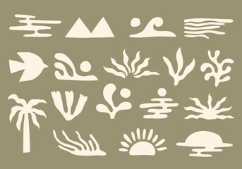 Hand drawn summer nature doodle elements including sun palm tree and ocean waves on sage green background