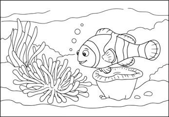 Fototapeta premium Cute cartoon clownfish in an underwater scene with coral and bub