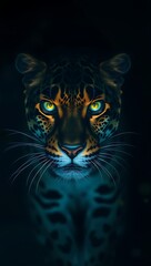 A captivating portrait of a jaguar emerges from the darkness, its piercing eyes glowing with an otherworldly intensity