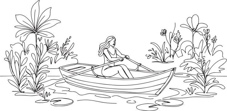 Serene line art: A woman rowing in a boat on a calm, plant borde