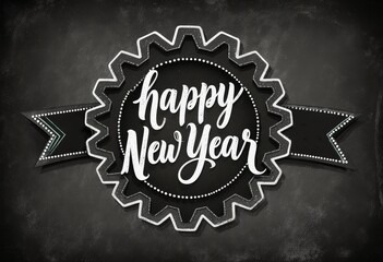 Vintage chalkboard happy new year banner with gear design and ribbon