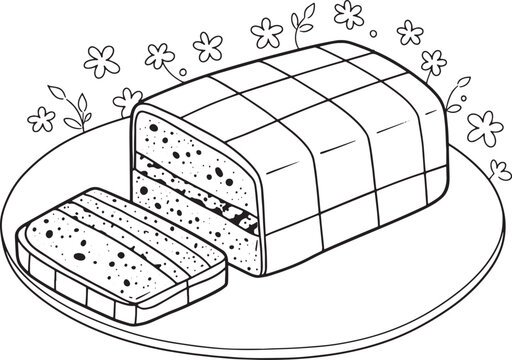 Illustration of a Battenberg cake with decorative flowers, a swe