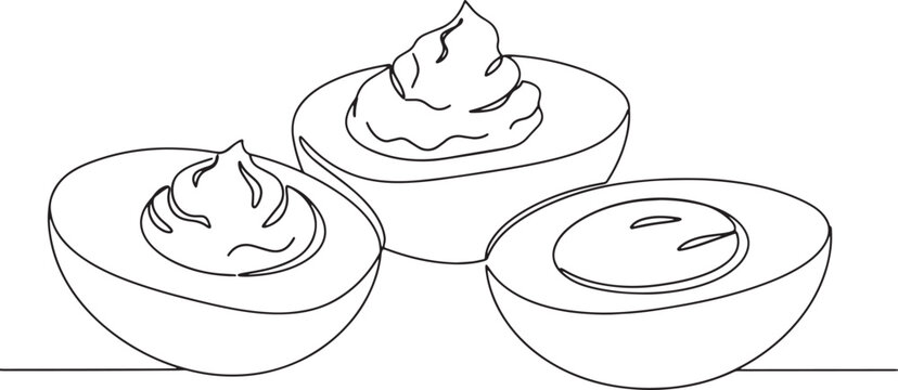 Elegant line art illustration of deviled eggs on a clean white b
