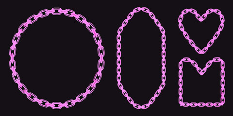 Pink chain frames circle oval heart and m shape on black background